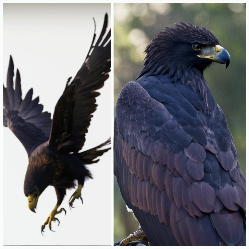 there are two images of a bird that is flying and a bird that is flying, black aarakocra eagle warlord, photographed, por Julian Hatton, Crows, man and woman, Eagles, wide shoulders, ophanim has bird wings, by Istvan Banyai, hawk, with big wings, by Paul Bird, male