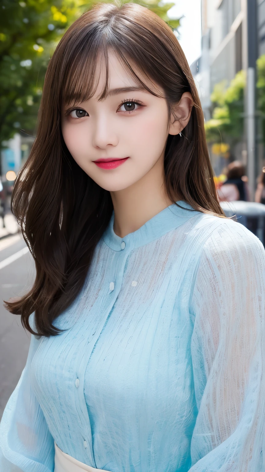 masterpiece, best quality, illustration, ultra-detailed, finely detailed, high resolution, 8K wallpaper, perfect dynamic composition, beautiful detailed eyes, summer blouse setup clothes, medium hair, small breasts, natural color lips, bold sexy poses, smile, Harajuku, 18 years old girl, cute, sexy shot, looking at camera