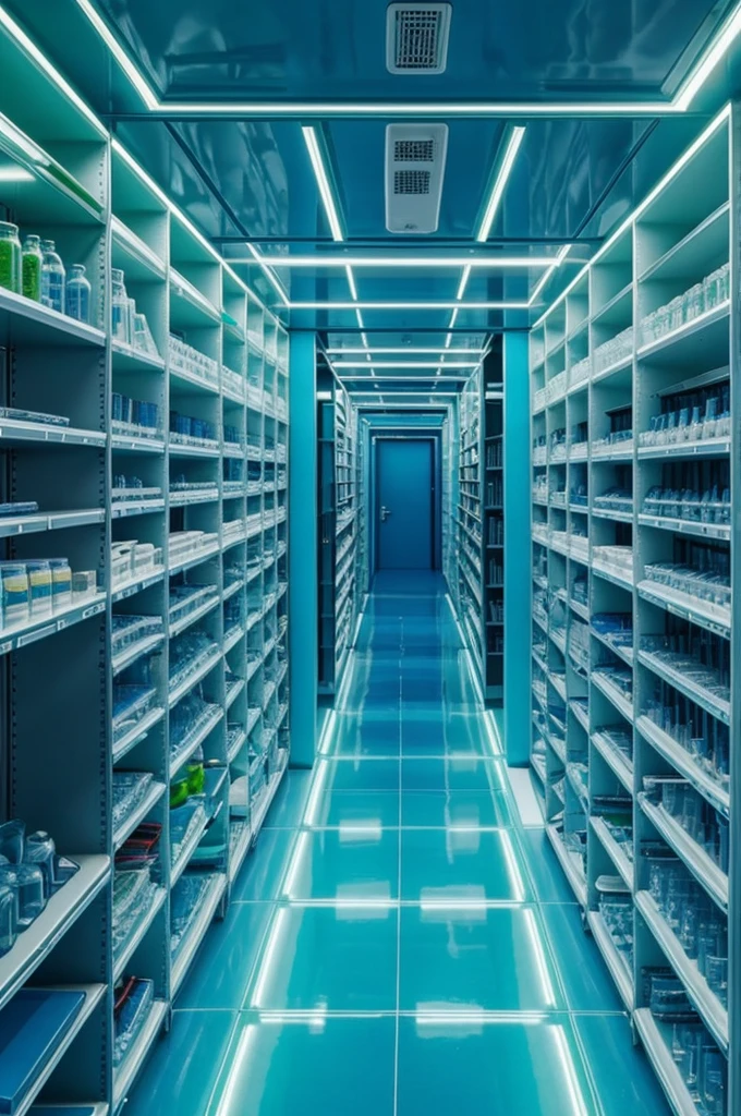 Create an experiment room, full of DNA shaped tubes, with the name Aurora Virus, the liquid in a blue mixed with green water, placed on closed shelves with a panel to place a code 
