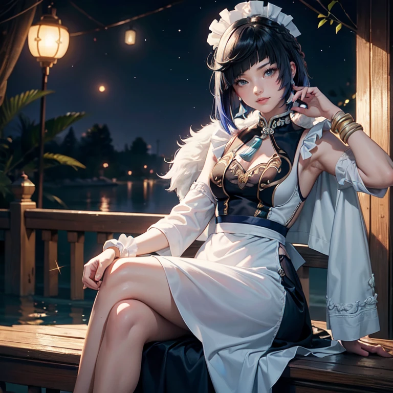 Yelan_(genshin impact), 1girl, white roses, ornament hair, roses on her hair, maid, maid dress, maid headdress, maid apron, navy hair, short hair, seat on a water, lake scene, Chinese maid dress, gold lantern, navy dress, more details on her clothes, golden details, night, smiling, coat, chinese style, solo, alone, crystal, curtains, full moon on the sky, laces, frills, sparkles, fireflies, sitting on the water, chinese architecture on the background