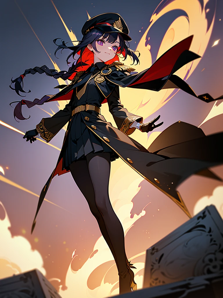 realisitic, City Deserted, Pile of rubble, Brick building, a one woman (18 years old, far away blackw hair, far away slits, Eyes red, glare eyes, 精致的面容, standing (In floor, feet shoulder-width apart), Lolita style military uniform (blackw base, Red Insert, golden decoration, volantes, wide sleeves, dainty and delicate detailing armors), blackw far away gloves (blackw, Red Insert, golden decoration, small hands, armors), blackw far away gloves, knee high boots (blackw, high-heels, red soles), ha (blackw, aba dourada, shield emblem, delicate details), arms in front, Front of belly, Holding military swords with both hands (blackw, golden decoration, delicate detail, Handle at the top, Ground-facing blade, in front of the body, far away), night sky (blackw, stele, Increased flames and smoke) Pale painting style, One Girl, super high quality, Super Detail, Super Detailed image, long hair, looking at viewer, skirt, shirt, hair ornament, violet eyes, gloves, round glasses, long sleeves, hat, closed mouth, jacket, violet hair, braid, open clothes, necktie, black gloves, black skirt, uniform, single braid, open jacket, black jacket, black headwear, 手链, peaked cap, black necktie, cropped jacket, military hat, pantyhose, Flat Chest, smile, Black Cape