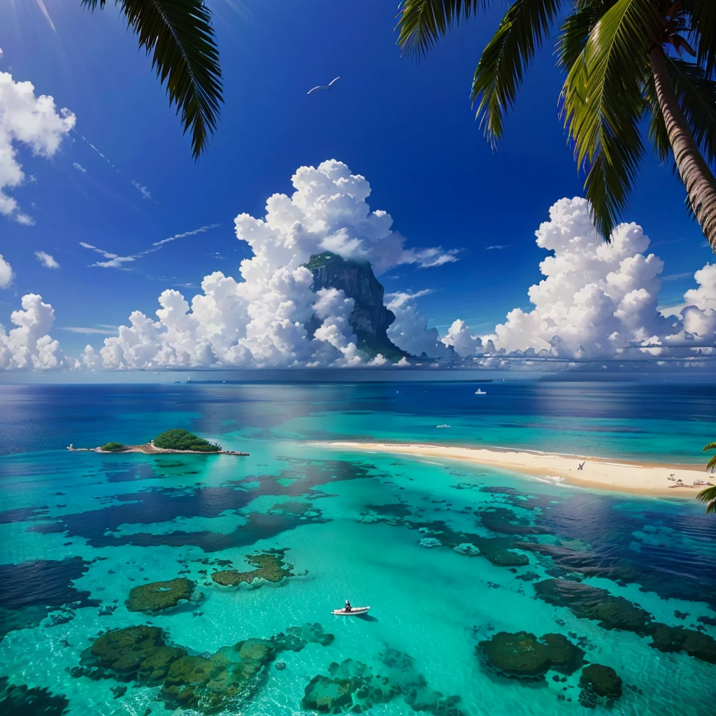 Mysterious Ocean,Nature,Anime Art,Emerald green,Resort,Paradise,Palm tree,romantic,Dream world,Great view,A world beyond imagination,Great Heaven,Best Quality,8K,masterpiece,Floating on the sea,The highest view
