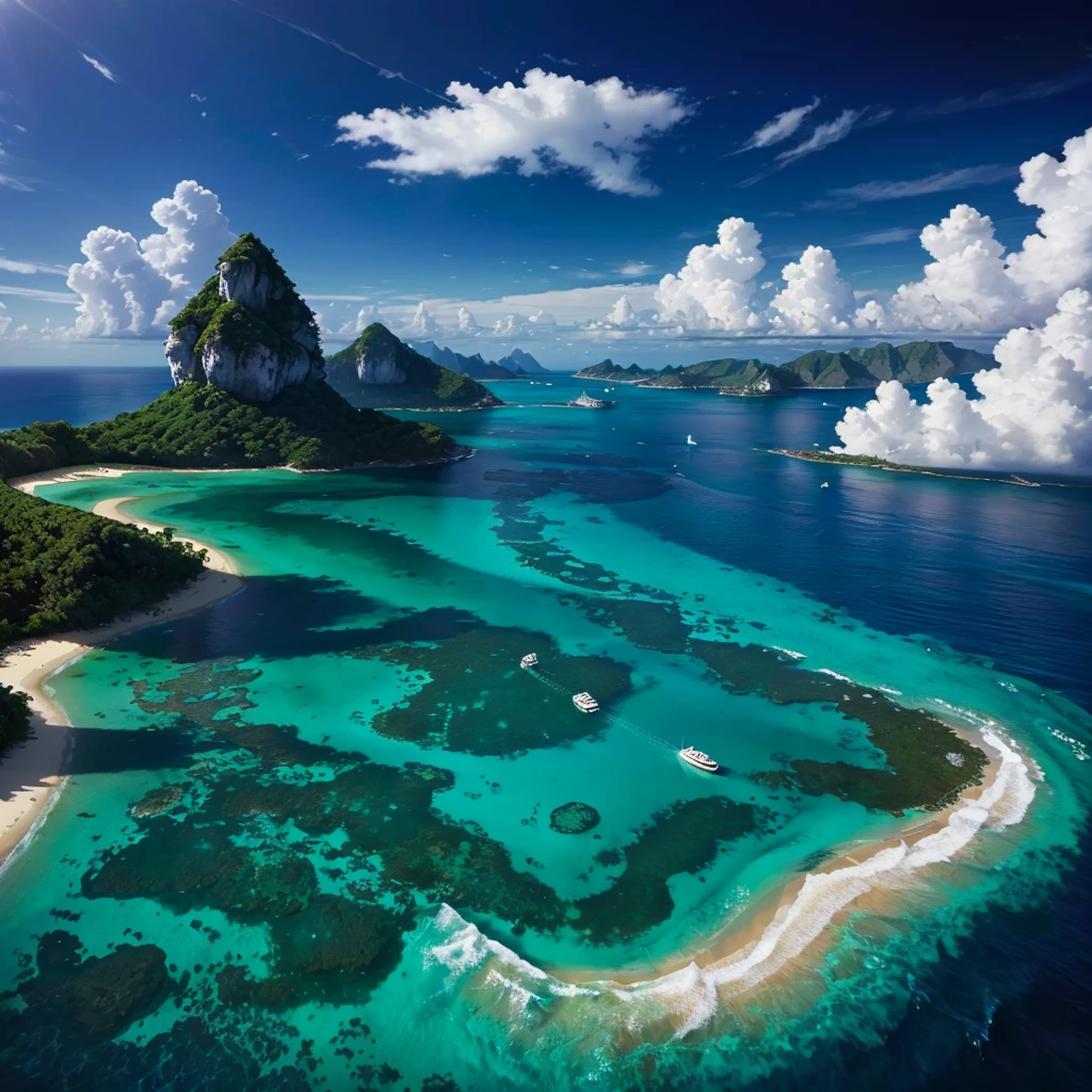 Mysterious Ocean,Nature,Anime Art,Emerald green,Resort,Paradise,Palm tree,romantic,Dream world,Great view,A world beyond imagination,Great Heaven,Best Quality,8K,masterpiece,Floating on the sea,The highest view