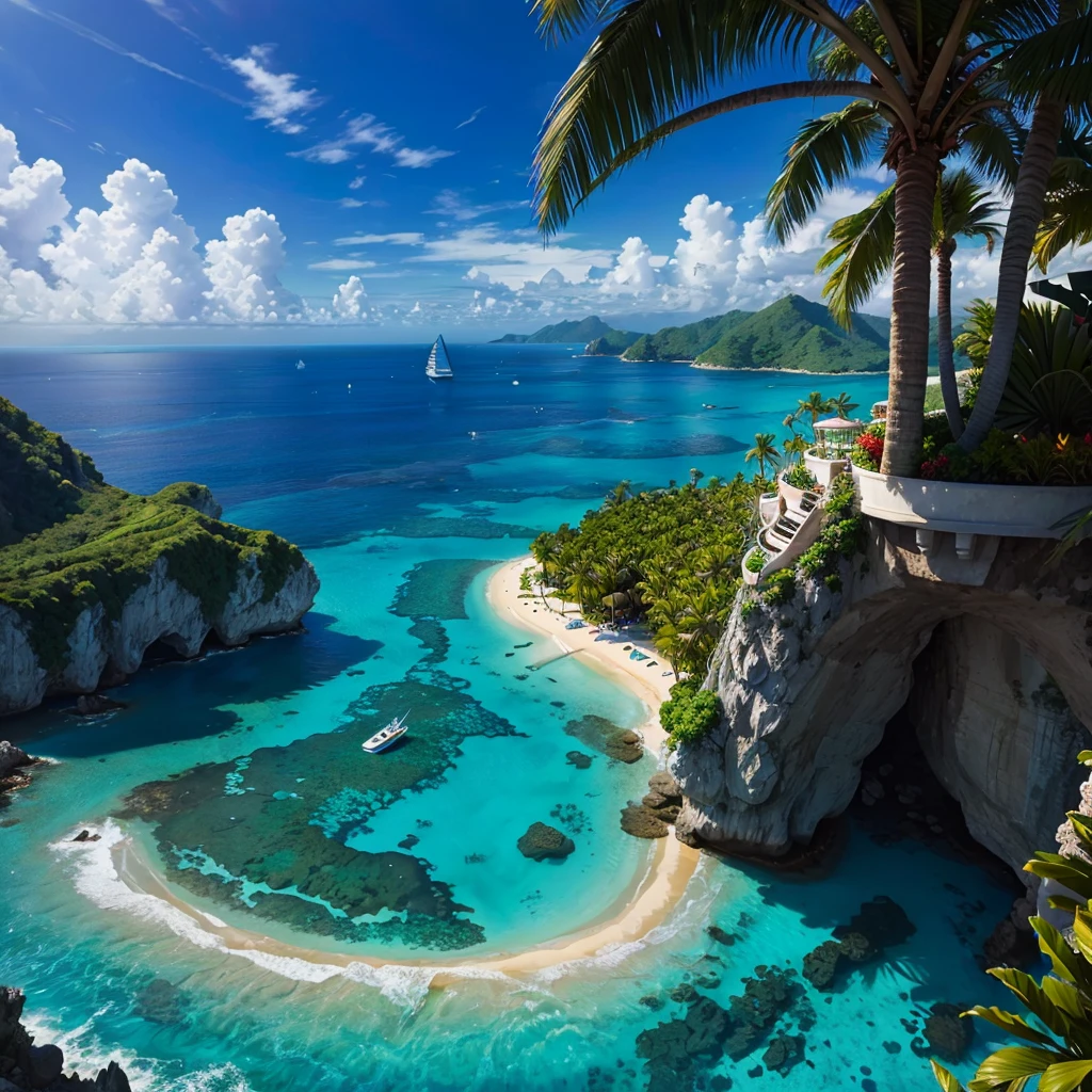 Mysterious Ocean,Nature,Anime Art,Emerald green,Resort,Paradise,Palm tree,romantic,Dream world,Great view,A world beyond imagination,Great Heaven,Best Quality,8K,masterpiece,Floating on the sea,The highest view