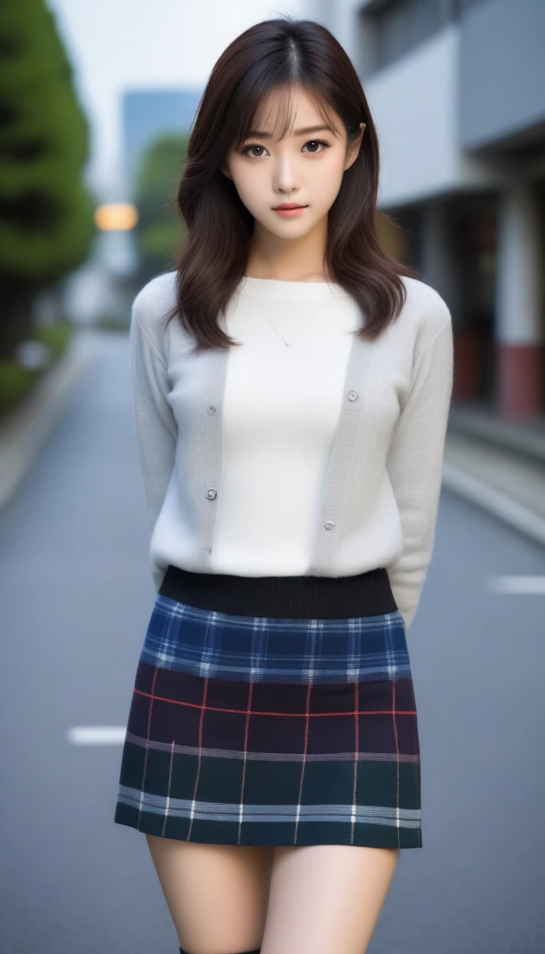 8K, Ultra-high resolution, Highest quality, masterpiece, 三分割法によるphotograph,Surreal, photograph, 1 Girl, (16 years old:1.3), pretty girl, Cute face, Beautiful eyes in every detail, 細かくdetailedに,masterpiece,One Girl:1.2, Japan Female Announcer,whole body,from below,Fearful expression,Black Hair,Messy hair,Cyber city of the near future,Wearing a cardigan sweater on your back、A girl alone in the middle of the road, Tartan check pencil skirt, White knee-high socks and black shoes,Beautiful leg line beauty,Realistic Skin, Perfect and beautiful face ,完璧でCute face, Skin with attention to detail, Perfect limbs、Narrow waist、Thin legs),Looking at the audience、beauty,Long neck、(((Ideal body type))),A cup small breasts :2,Portraiture:2,Perfect Anatomy,鮮明なdetailed,detailed,Surreal,Light and shadow,darkness