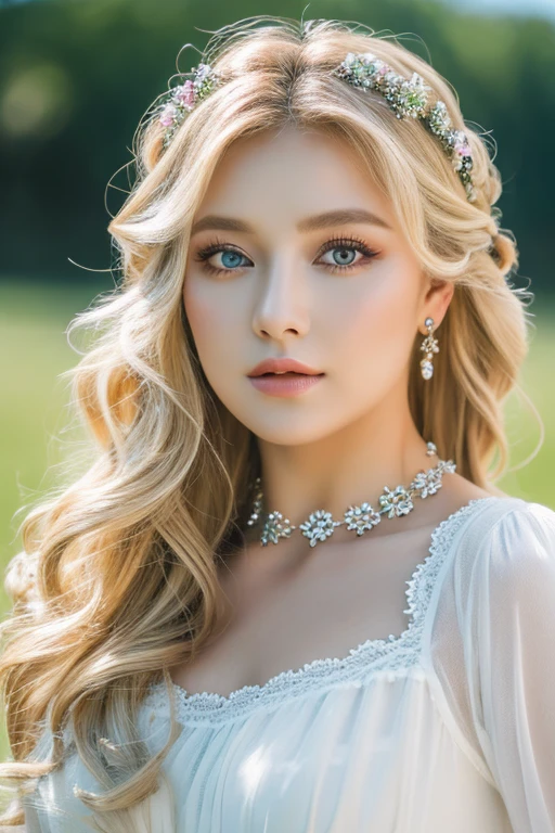(masterpiece:1.2), (best quality:1.2), perfect eyes, perfect face, perfect lighting, 1girl, mature female in a field, medium blond hair, curly hair, detailed clothes, detailed outdoor background, makeup, eyeshadow, thick eyelashes, fantasy, looking at the viewer, spring