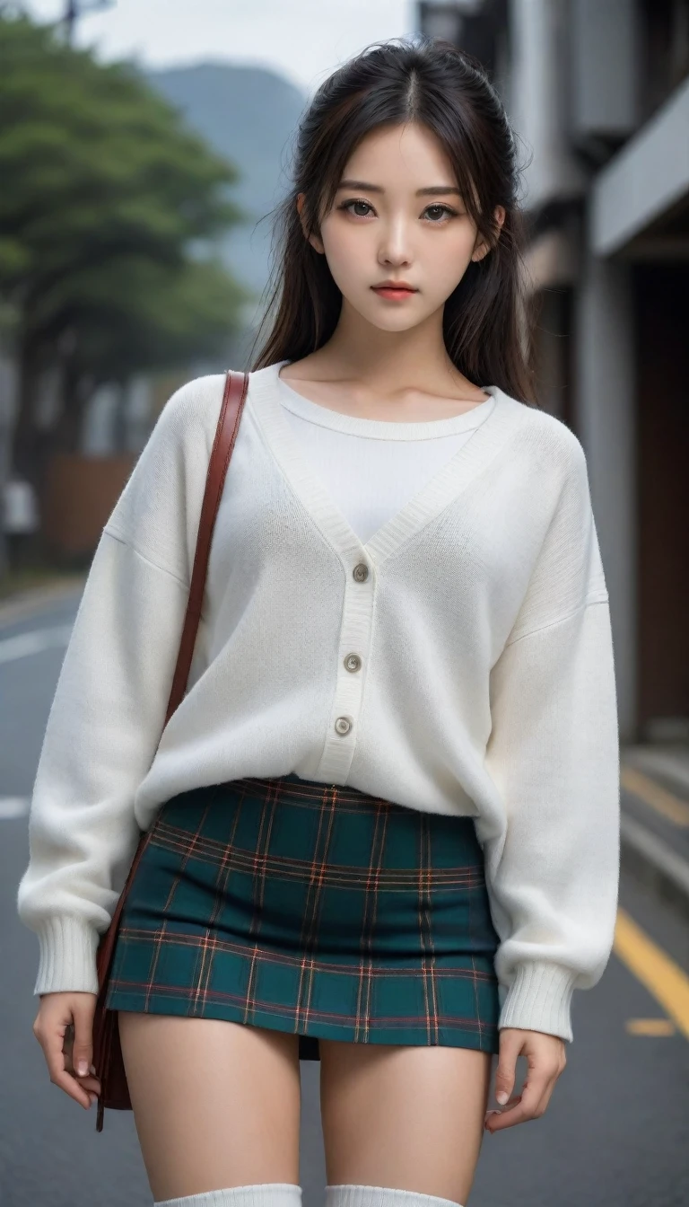 8K, Ultra-high resolution, Highest quality, masterpiece, 三分割法によるphotograph,Surreal, photograph, 1 Girl, (:1.3), pretty girl, Cute face, Beautiful eyes in every detail, 細かくdetailedに,masterpiece,One Girl:1.2, Japan Female Announcer,whole body,from below,Fearful expression,Black Hair,Messy hair,Cyber city of the near future,Wearing a cardigan sweater on your back、A girl alone in the middle of the road, Tartan check pencil skirt, White knee-high socks and black shoes,Beautiful leg line beauty,Realistic Skin, Perfect and beautiful face ,完璧でCute face, Skin with attention to detail, Perfect limbs、Narrow waist、Thin legs),Looking at the audience、beauty,Long neck、(((Ideal body type))),A cup small breasts :2,Portraiture:2,Perfect Anatomy,鮮明なdetailed,detailed,Surreal,Light and shadow,darkness