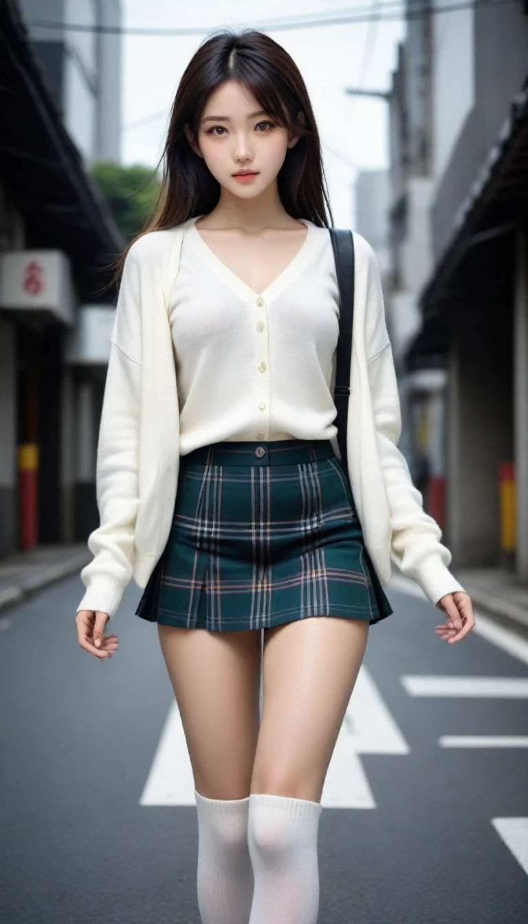 8K, Ultra-high resolution, Highest quality, masterpiece, 三分割法によるphotograph,Surreal, photograph, 1 Girl, (:1.3), pretty girl, Cute face, Beautiful eyes in every detail, 細かくdetailedに,masterpiece,One Girl:1.2, Japan Female Announcer,whole body,from below,Fearful expression,Black Hair,Messy hair,Cyber city of the near future,Wearing a cardigan sweater on your back、A girl alone in the middle of the road, Tartan check pencil skirt, White knee-high socks and black shoes,Beautiful leg line beauty,Realistic Skin, Perfect and beautiful face ,完璧でCute face, Skin with attention to detail, Perfect limbs、Narrow waist、Thin legs),Looking at the audience、beauty,Long neck、(((Ideal body type))),A cup small breasts :2,Portraiture:2,Perfect Anatomy,鮮明なdetailed,detailed,Surreal,Light and shadow,darkness