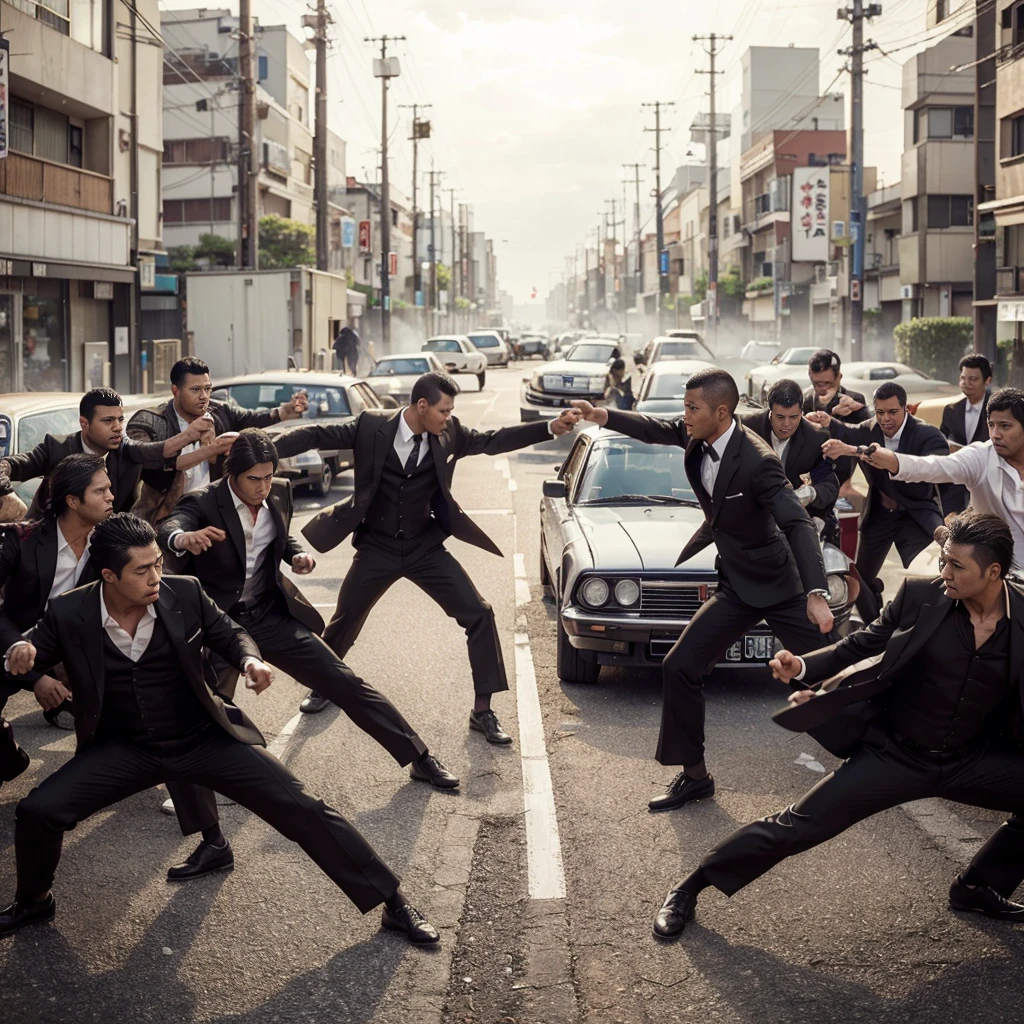 2 groups of yakuza fighting, realistic, cinematic, very detailed, very epic, very detailed, 4k