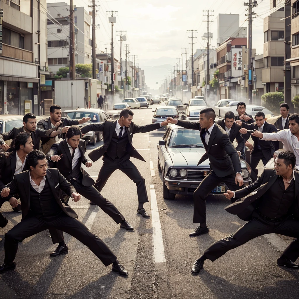 2 groups of yakuza fighting, realistic, cinematic, very detailed, very epic, very detailed, 4k
