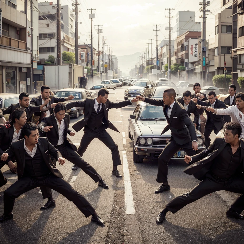 2 groups of yakuza fighting, realistic, cinematic, very detailed, very epic, very detailed, 4k