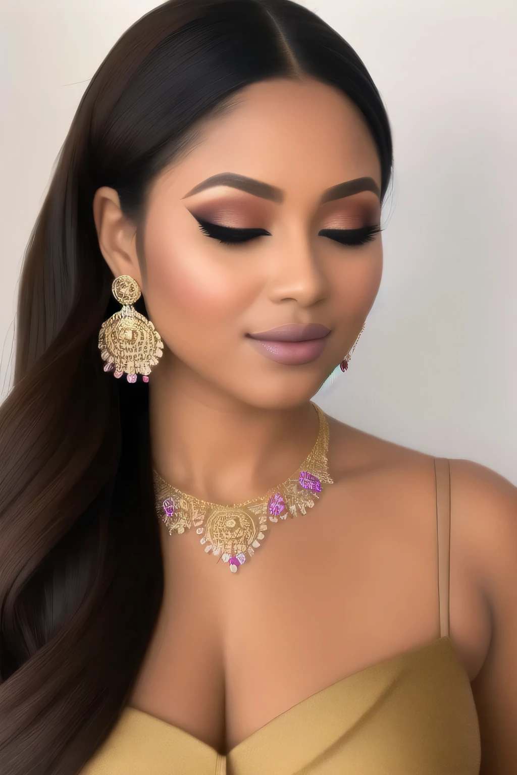 (best quality,highres),sexy woman with thick, braided hair, lustful gaze, and sultry pose, emphasizing her intense sensuality. Her face has beautifully defined features, including long eyelashes and plump lips. Her medium-sized chest is accentuated by a revealing crop top, drawing attention to her alluring cleavage. Her hands rest confidently on her curvy hips, exuding a sense of power and allure. She is dressed in a fashionable miniskirt, adding to her seductive appeal. The image captures her irresistible confidence and magnetism.
For the background, a dimly lit, atmospheric setting amplifies the woman's enchanting presence. Soft, warm lighting casts an inviting glow on her feminine silhouette. The color palette consists of rich, deep shades, accentuating her captivating beauty. The image exudes a seductive and glamorous aura, capturing the viewer's attention and leaving a lasting impression.
Medium: Photorealistic portraits
Additional details: Smoky eye makeup, perfectly manicured nails, high heels, striking accessories such as statement earrings or a delicate necklace.