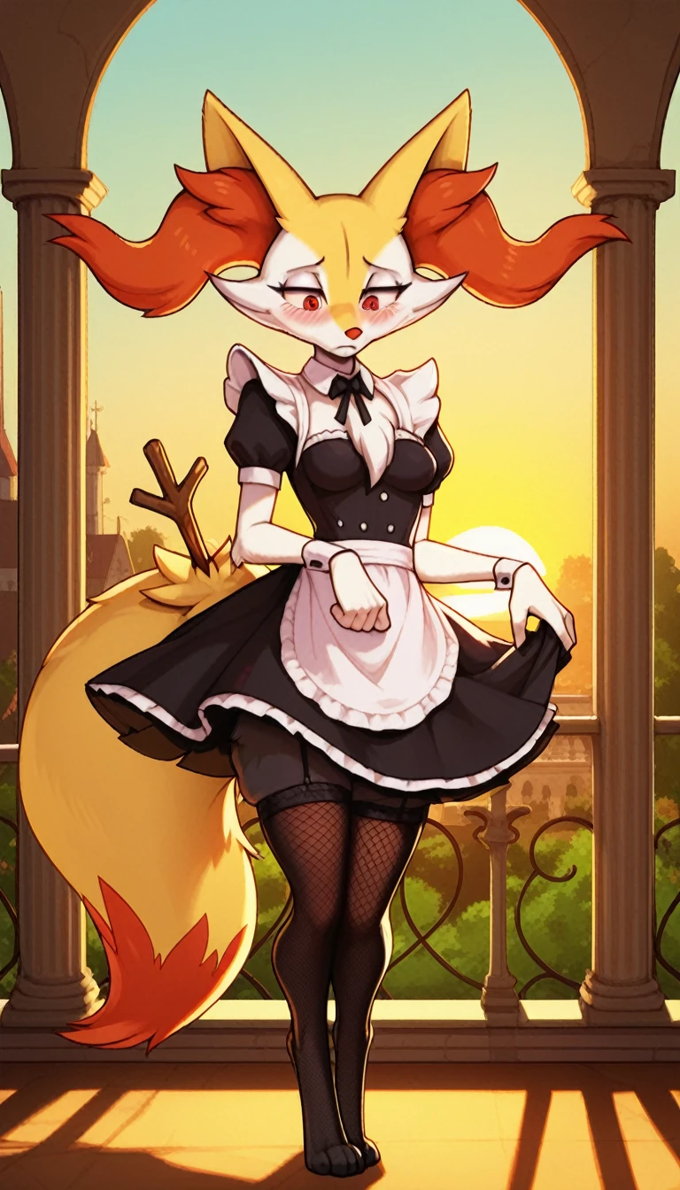 1girl, anthro, furry, fur, fluffy fur, braixen girl, Red eyes, full body, (19 years), medium breast, thicc thighs, solo, (mansion), sunset, detailed, maid outfit, fishnet stockings, shy, nervous, sunset, (sad), (depressed), (baggy eyes), standing, half-closed eyes, , score_9, score_8_up, score_7_up, score_6_up, score_5_up, score_4_up