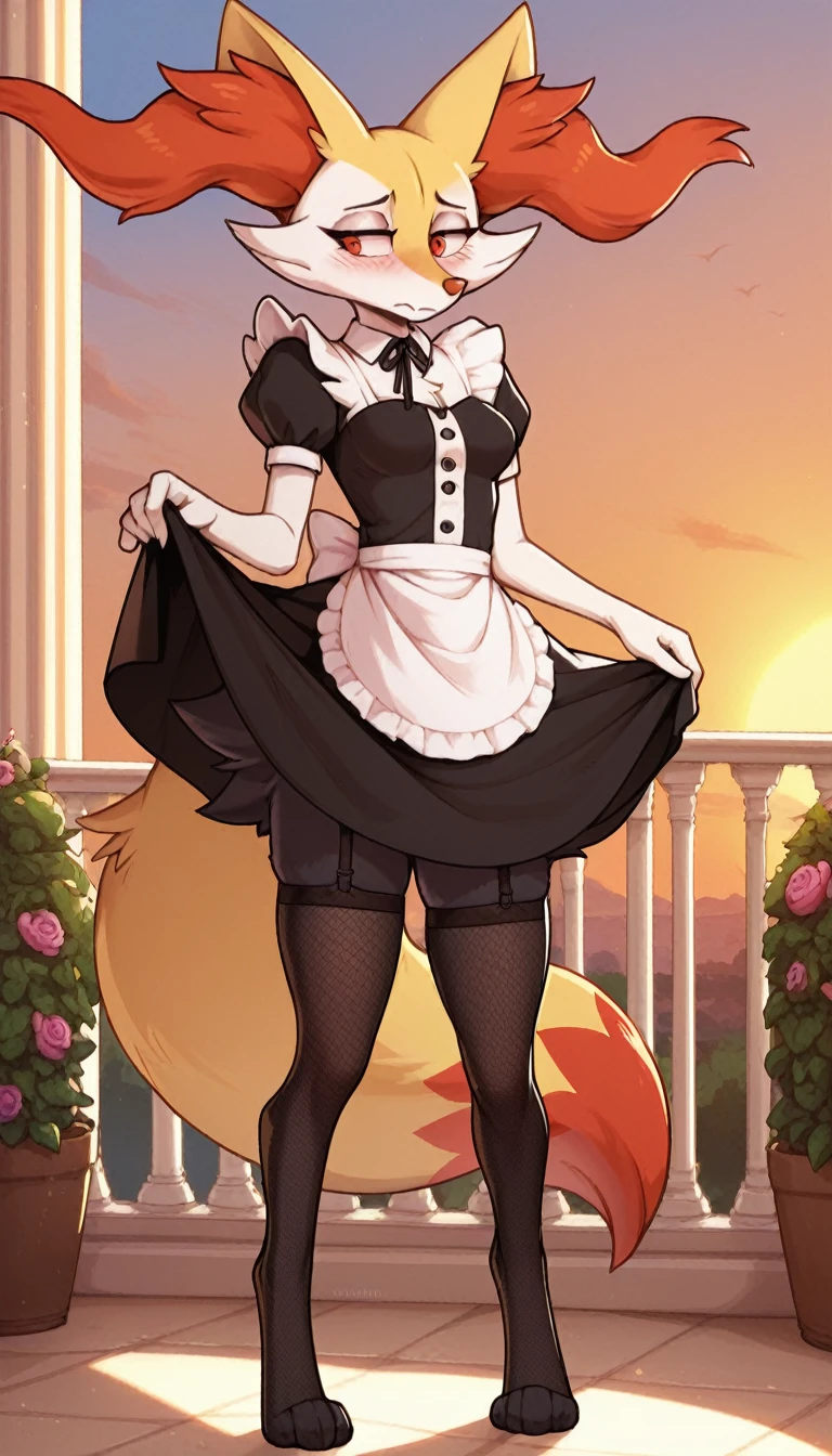 1girl, anthro, furry, fur, fluffy fur, braixen girl, Red eyes, full body, (19 years), medium breast, thicc thighs, solo, (mansion), sunset, detailed, maid outfit, fishnet stockings, shy, nervous, sunset, (sad), (depressed), (baggy eyes), standing, half-closed eyes, , score_9, score_8_up, score_7_up, score_6_up, score_5_up, score_4_up