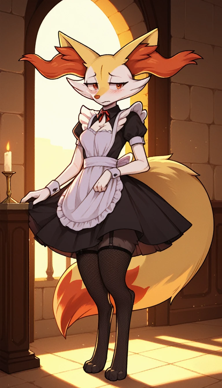 1girl, anthro, furry, fur, fluffy fur, braixen girl, Red eyes, full body, (19 years), medium breast, thicc thighs, solo, (mansion), sunset, detailed, maid outfit, fishnet stockings, shy, nervous, sunset, (sad), (depressed), (baggy eyes), standing, half-closed eyes, , score_9, score_8_up, score_7_up, score_6_up, score_5_up, score_4_up