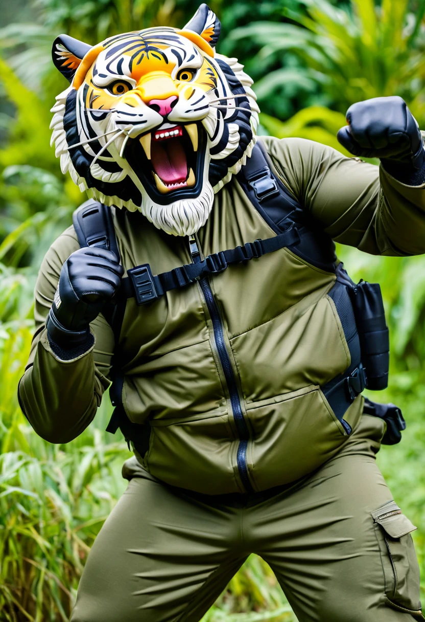 (a dark-skinned bearded fat muscular old man in a bulky army camouflage zipper diver suit) (wearing realistic roaring tiger mask) masturbating, raising fist, carrying a gun, muscular, Bruce Onobrakpeya, sumatraism, stanley artgermm, action, heroic, fierce, smiling
