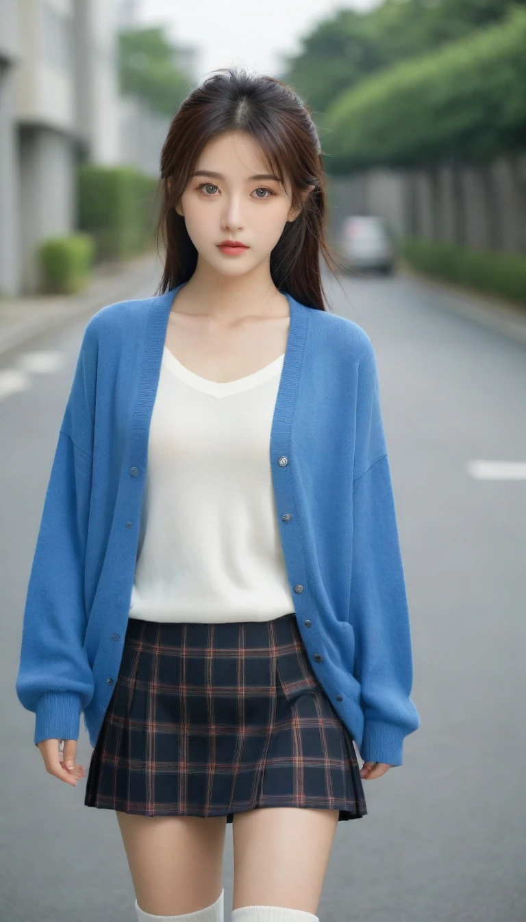 8K, Ultra-high resolution, Highest quality, masterpiece, 三分割法によるphotograph,Surreal, photograph, 1 Girl, (16 years old:1.3), pretty girl, Cute face, Beautiful eyes in every detail, 細かくdetailedに,masterpiece,One Girl:1.2, Japan Female Announcer,whole body,from below,Fearful expression,Black Hair,Messy hair,Cyber city of the near future,Wearing a cardigan sweater on your back、A girl alone in the middle of the road, Tartan check pencil skirt, White knee-high socks and black shoes,Beautiful leg line beauty,Realistic Skin, Perfect and beautiful face ,完璧でCute face, Skin with attention to detail, Perfect limbs、Narrow waist、Thin legs),Looking at the audience、beauty,Long neck、(((Ideal body type))),A cup small breasts :2,Portraiture:2,Perfect ???????,鮮明なdetailed,detailed,Surreal,Light and shadow,darkness