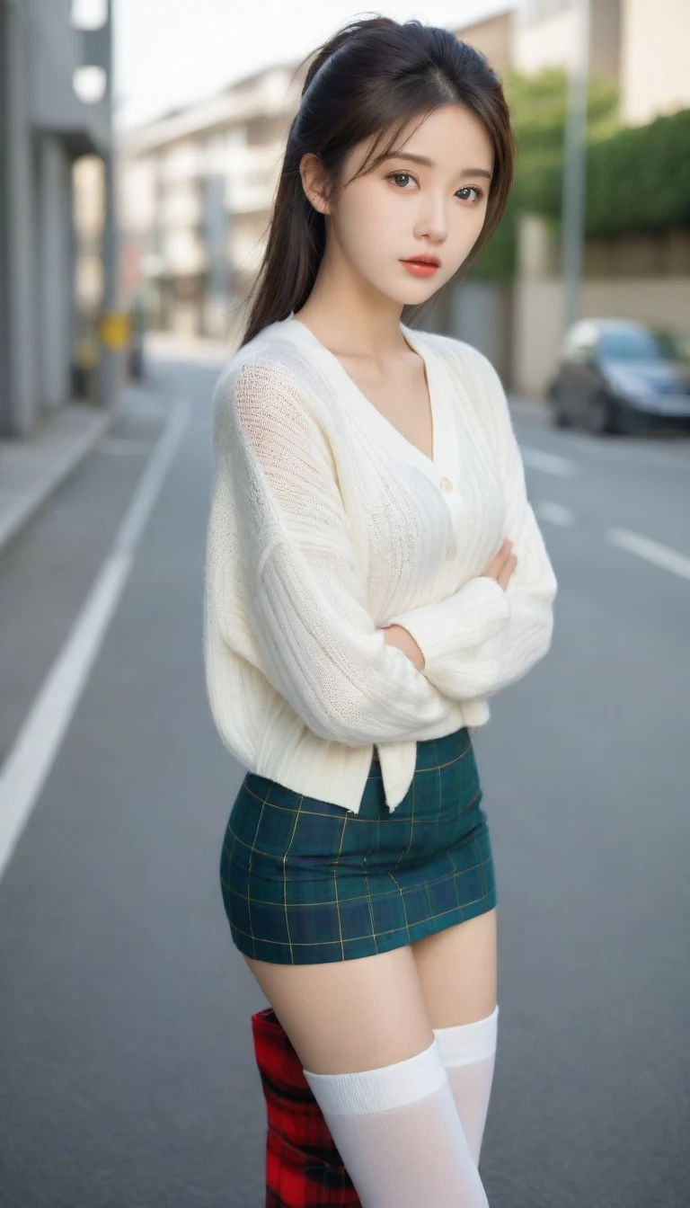 8K, Ultra-high resolution, Highest quality, masterpiece, 三分割法によるphotograph,Surreal, photograph, 1 Girl, (:1.3), pretty girl, Cute face, Beautiful eyes in every detail, 細かくdetailedに,masterpiece,One Girl:1.2, Japan Female Announcer,whole body,from below,Fearful expression,Black Hair,Messy hair,Cyber city of the near future,Wearing a cardigan sweater on your back、A girl alone in the middle of the road, Tartan check pencil skirt, White knee-high socks and black shoes,Beautiful leg line beauty,Realistic Skin, Perfect and beautiful face ,完璧でCute face, Skin with attention to detail, Perfect limbs、Narrow waist、Thin legs),Looking at the audience、beauty,Long neck、(((Ideal body type))),A cup small breasts :2,Portraiture:2,Perfect Anatomy,鮮明なdetailed,detailed,Surreal,Light and shadow,darkness