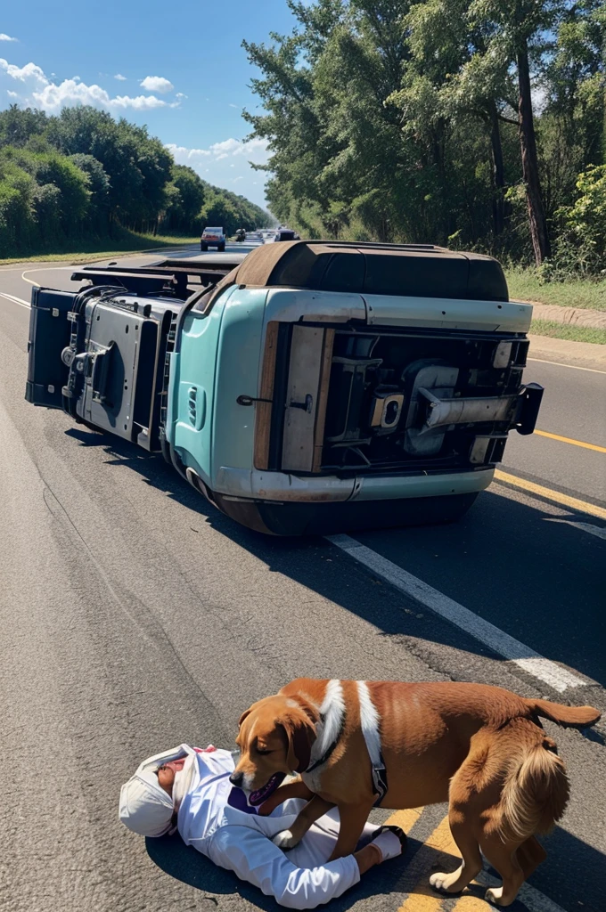 A truck overturned on the side of the road and a doctor treating a dog in front of it