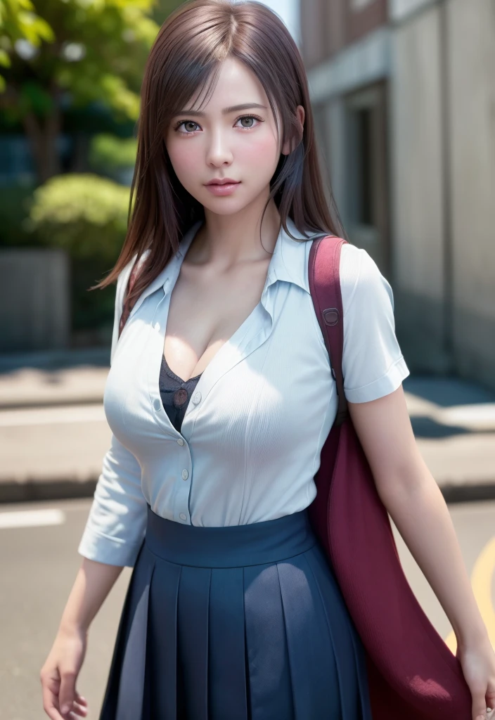 (((realistic photo shot))),, Portrait, (Face of fear:1.3),, Beautiful Girl, Looking at Viewer, , (School uniform:1.2), Shirt buttons and trousers, , (Big cleavage:1),, On Japan Street, (details in environment:1.3),, (Raw photo, cg unity, Photography, super realistic details, Sharp Focus, Detailed skin,4K, hight resolution, masutepiece, Best Quality, Realistic, Vibrant:1.2),, (8K,4K, nffsw, High resolution, Professional, Cinematic, movie, Dramatic),, (anamorphic depth of field blur background), Detailed background,