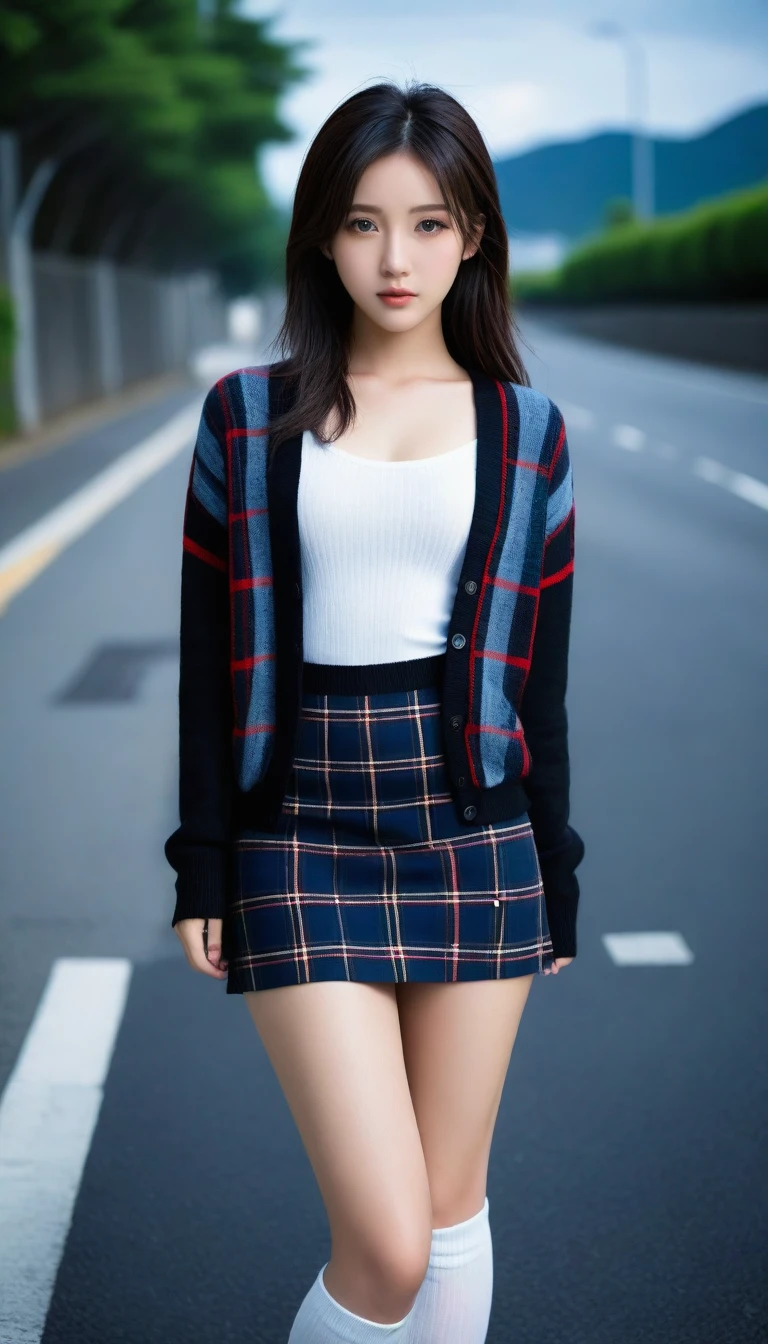 8K, Ultra-high resolution, Highest quality, masterpiece, 三分割法によるphotograph,Surreal, photograph, 1 Girl, (16 years old:1.3), pretty girl, Cute face, Beautiful eyes in every detail, 細かくdetailedに,masterpiece,One Girl:1.2, Japan Female Announcer,whole body,from below,Fearful expression,Black Hair,Messy hair,Cyber city of the near future,Wearing a cardigan sweater on your back、A girl alone in the middle of the road, Tartan check pencil skirt, White knee-high socks and black shoes,Beautiful leg line beauty,Realistic Skin, Perfect and beautiful face ,完璧でCute face, Skin with attention to detail, Perfect limbs、Narrow waist、Thin legs),Looking at the audience、beauty,Long neck、(((Ideal body type))),A cup small breasts :2,Portraiture:2,Perfect Anatomy,鮮明なdetailed,detailed,Surreal,Light and shadow,darkness
