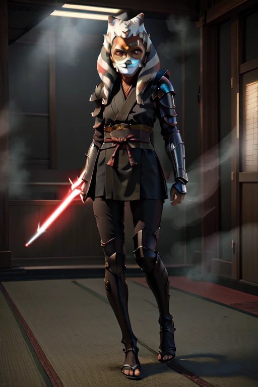 (masterpiece), (best quality)((full body))(masterpiece), (best quality), perfect face ahsoka tano, young, ((ninja mask armor)), , dark ahsoka, sith, red lightsaber, evil face, dark veins  , ((ninja mask armor))
