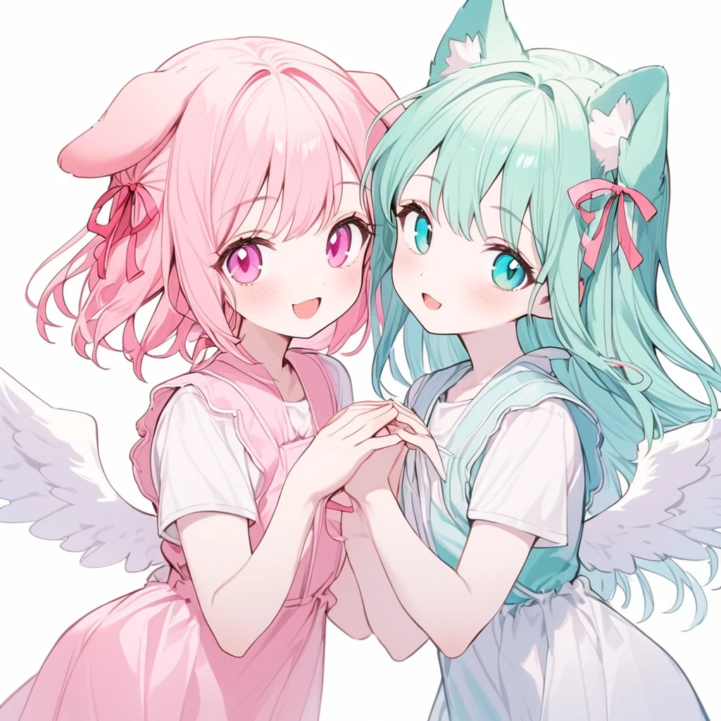 best quality, beautiful, absurdres, a girl, angel, a puppy, twins, 2 girls, happy, neutral, standing, making a heart with hands, looking at viewer, looking to the side, semi long, pink hair, aqua hair, pink eyes, aqua eyes, eyes open, pale skin, , hair ribbon, with dog ears, with angel wings on back, 10-year-old, white background