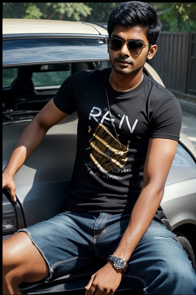 Create realistic photo of a 21 year old indian boy wearing sunglasses, boy is wearing fancy and good looking clocthes, on his t-shirt "Raghu" name is written, boy is sitting on his Black Scorpio car, Car has number plat no. "IND 001", hyper realistic 3d photo