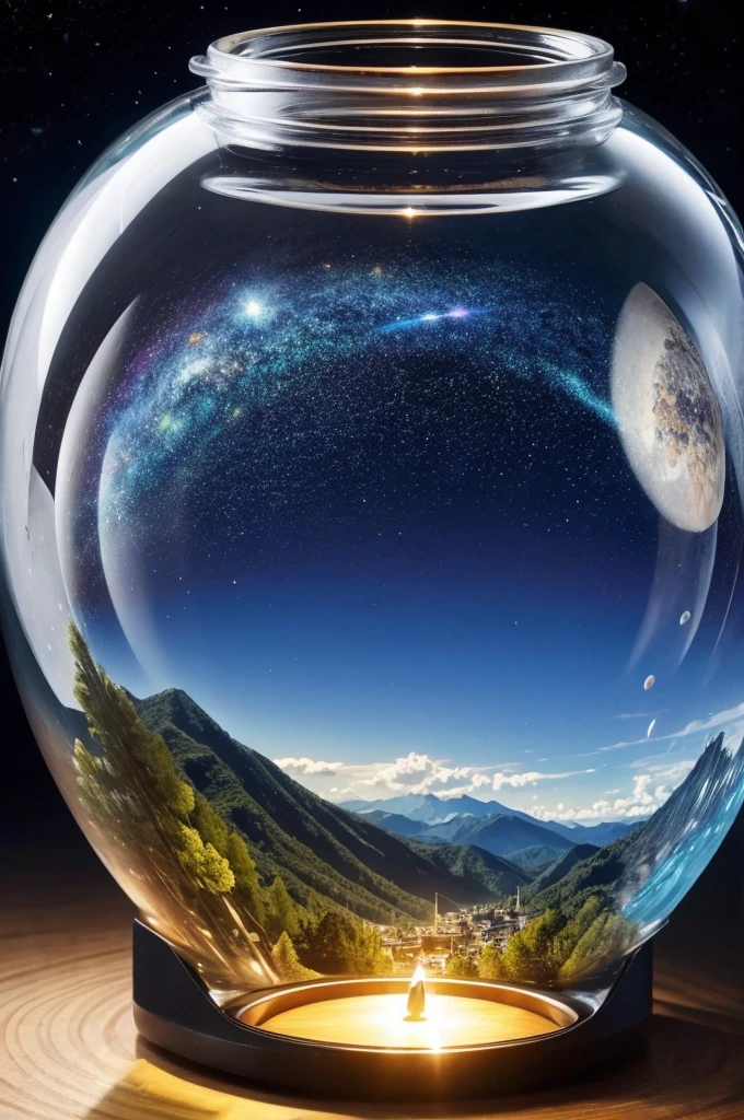 masterpiece、Highest quality、(A very delicate and beautiful starry sky scene trapped in a bottle)、World Masterpiece Theatre、High-resolution equirectangular projection、Highest quality、Consciousness upward、Material、canvas、Oil、realism、Realistic,wonderful景色,Utopia,An atmosphere full of dreams and hope,masterpiece.16K, Ultra-high resolution, Ultra-high resolution, to be born,wonderful ,future、Iridescent、The world 30 years from now。
