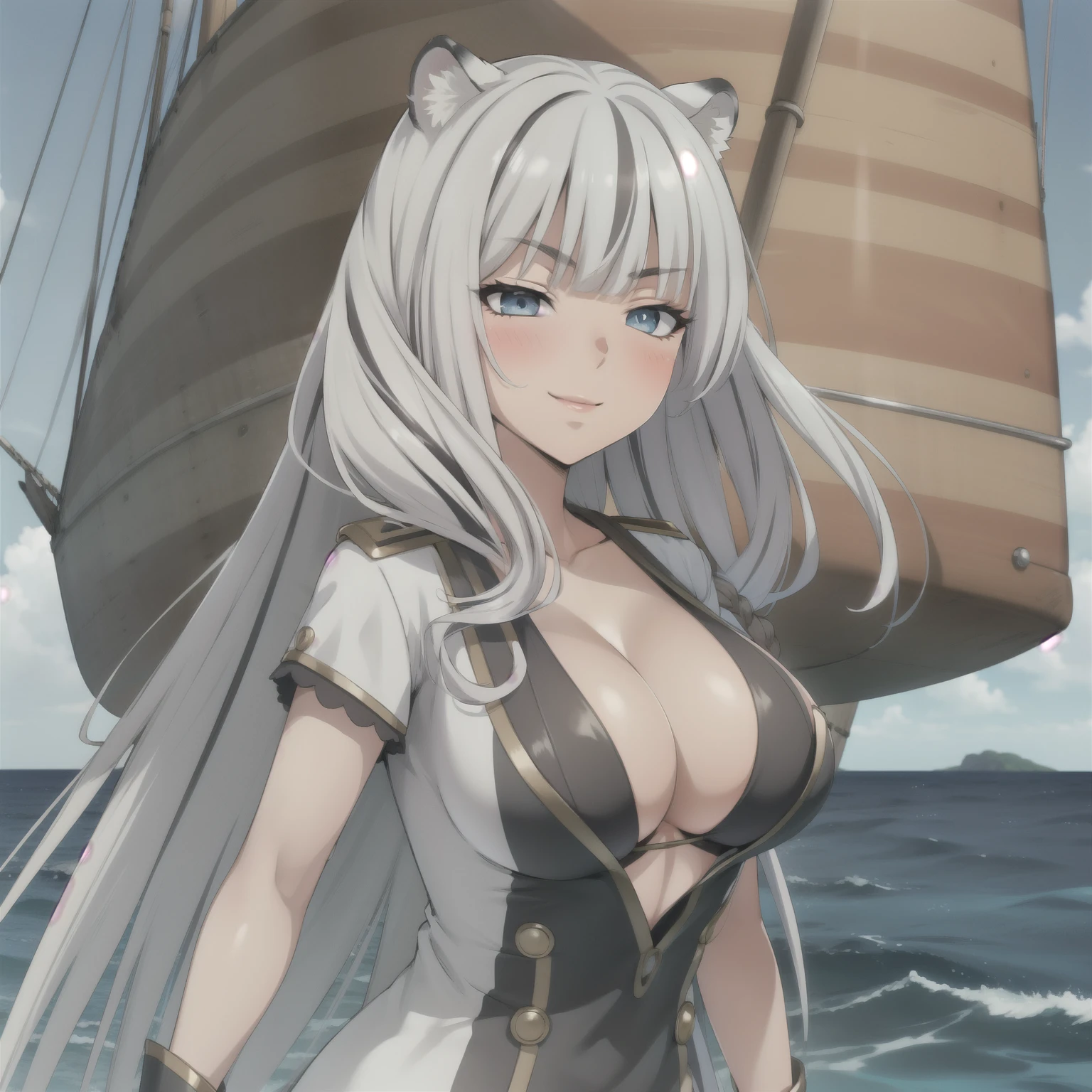 Atlas Fayon woman 25 years old, white hair with black stripes, blue eyes like sapphires, white tiger ears, SMILE, blush, big breasts. dressed as a pirate, pirate captain clothing, neckline, background a pirate ship in the middle of the ocean. floating hair, mature face. neckline,