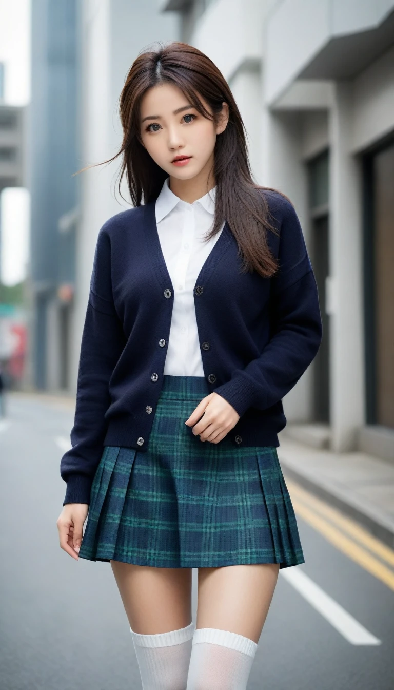 8K, Ultra-high resolution, Highest quality, masterpiece, 三分割法によるphotograph,Surreal, photograph, 1 Girl, (16 years old:1.3), pretty girl, Cute face, Beautiful eyes in every detail, 細かくdetailedに,masterpiece,One Girl:1.2, Japan Female Announcer,whole body,from below,Fearful expression,Black Hair,Messy hair,Cyber city of the near future,Wearing a cardigan sweater on your back、A girl alone in the middle of the road, Tartan check pencil skirt, White knee-high socks and black shoes,Beautiful leg line beauty,Realistic Skin, Perfect and beautiful face ,完璧でCute face, Skin with attention to detail, Perfect limbs、Narrow waist、Thin legs),Looking at the audience、beauty,Long neck、(((Ideal body type))),A cup small breasts :2,Portraiture:2,Perfect Anatomy,鮮明なdetailed,detailed,Surreal,Light and shadow,darkness