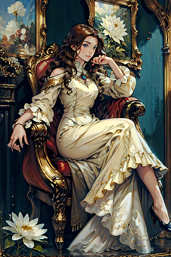 30 year old woman, with defined facial features, long curly hair, pale gold color,blue eyes, wearing a dark red medieval nobility dress,sitting on a brown leather sofa, holding a bird with one hand,oil painting, framed picture, Wooden frame, above a fireplace, vases with white flowers