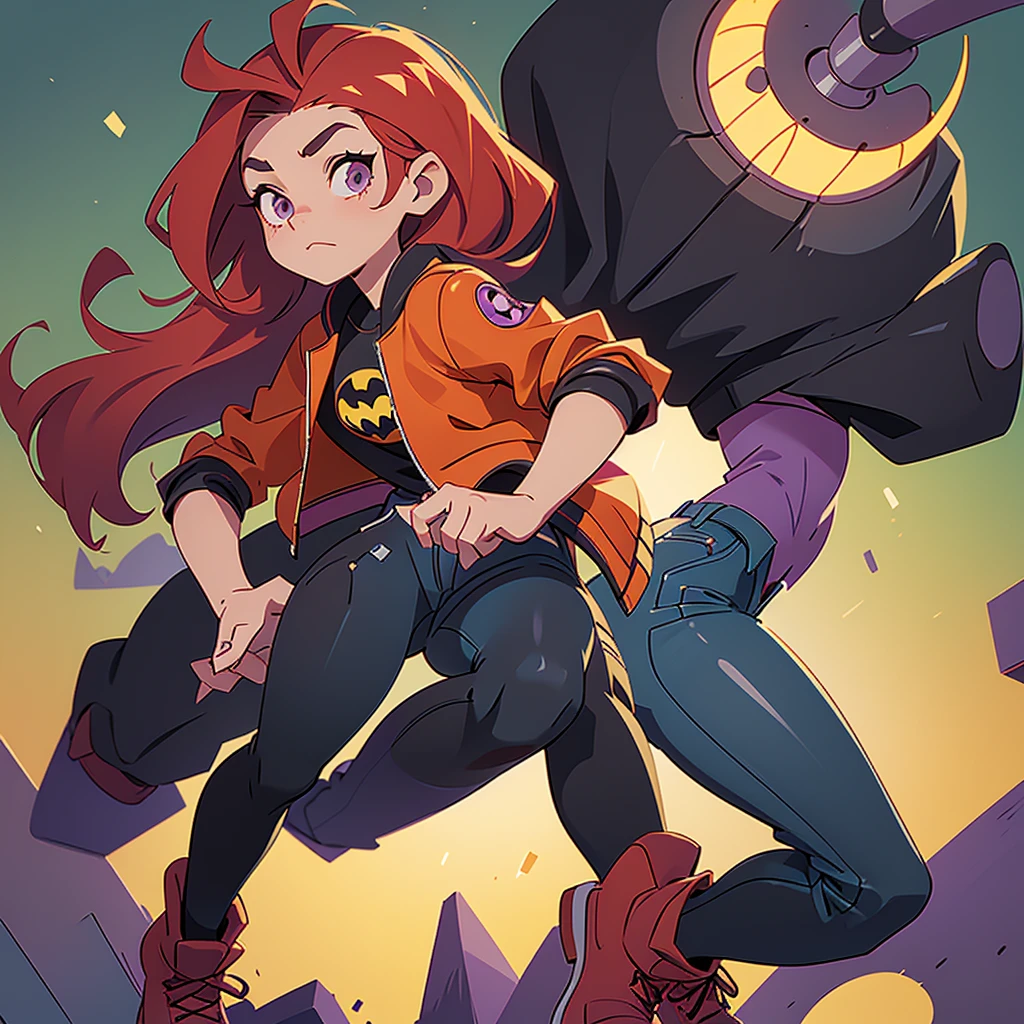I want you to create an illustration with the Disney animation studio's 2D animation style characteristics.  The character is a young female teenager who looks 18 years old.   She has long red hair, wears a modern open purple leather jacket and underneath the jacket she wears a black t-shirt with the Batman symbol.    She is wearing dark jeans and yellow combat boots on her feet.