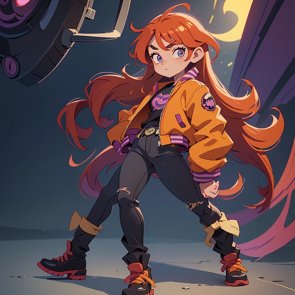 I want you to create an illustration with the Disney animation studio's 2D animation style characteristics. The character is a young female ager who looks 18 years old. She has long red hair, wears a modern open purple leather jacket and underneath the jacket she wears a black t-shirt with the Batman symbol. She is wearing dark jeans and yellow combat boots on her feet.