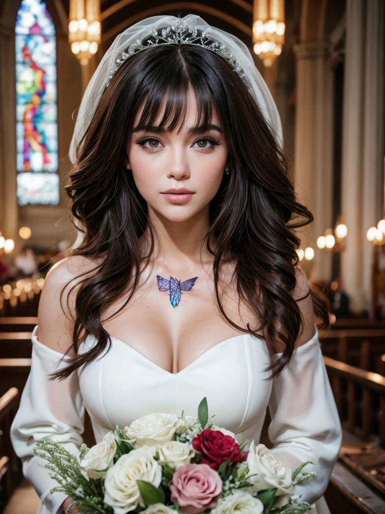 Big hair but with bangs that cover the forehead, white, with red wedding dress and a bouquet, beautiful makeup, and with some butterfly tattoos on his body Unique place in the church
