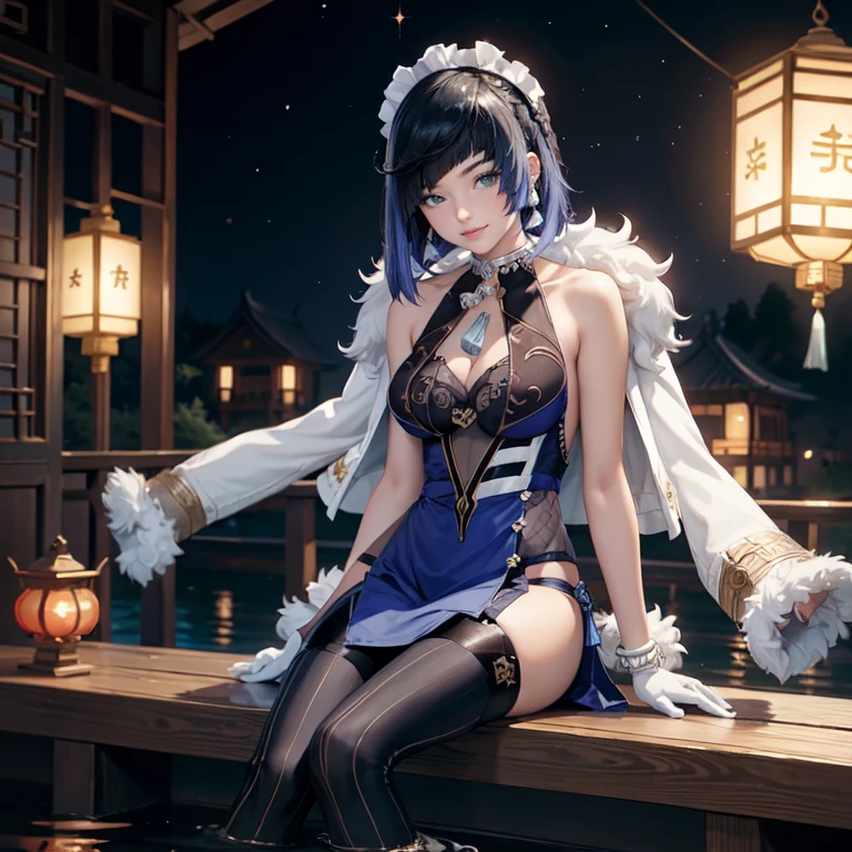 Yelan_(genshin impact), 1girl, white roses, ornament hair, roses on her hair, maid, maid dress, maid headdress, maid apron, navy hair, short hair, seat on a water, lake scene, Chinese maid dress, gold lantern, navy dress, more details on her clothes, golden details, night, smiling, coat, chinese style, solo, alone, crystal, curtains, full moon on the sky, laces, frills, sparkles, fireflies, sitting on the water, chinese architecture on the background