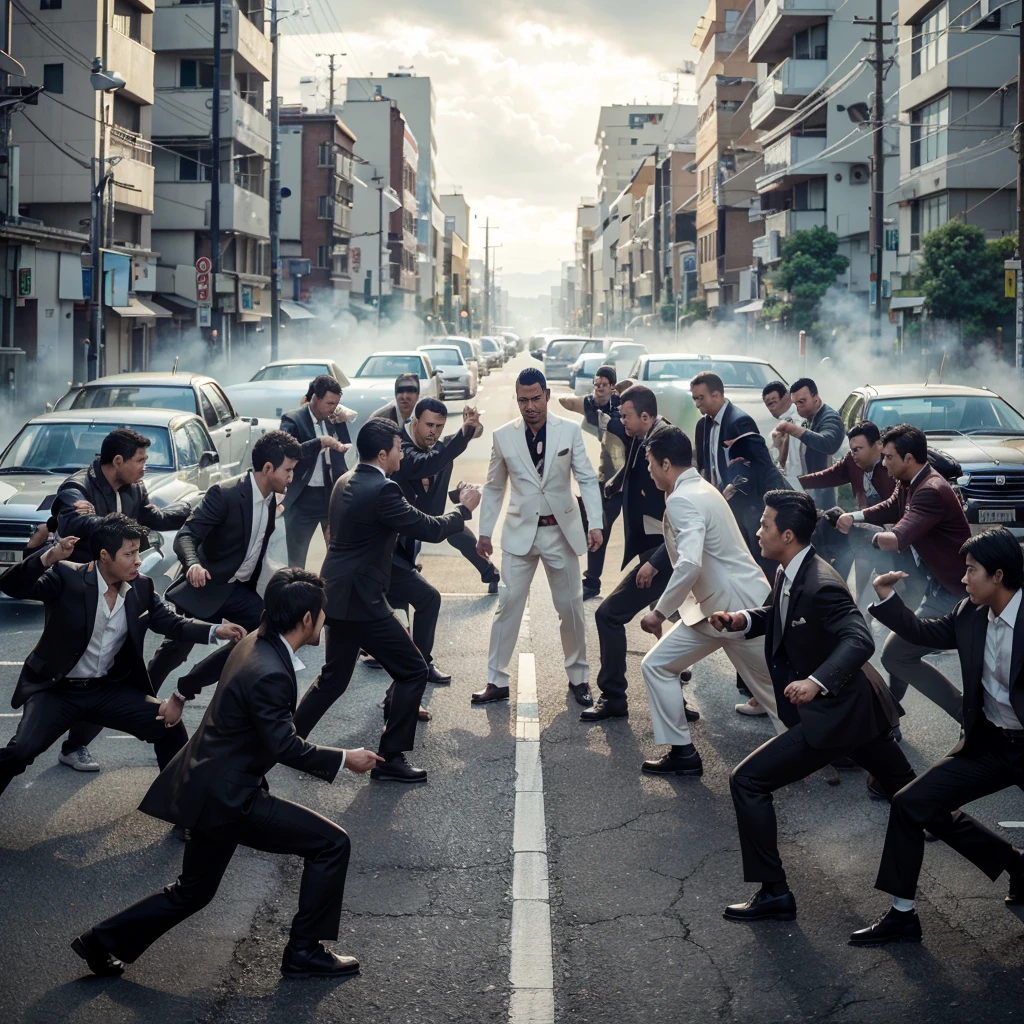 2 groups of yakuza fighting, realistic, cinematic, very detailed, very epic, very detailed, 4k