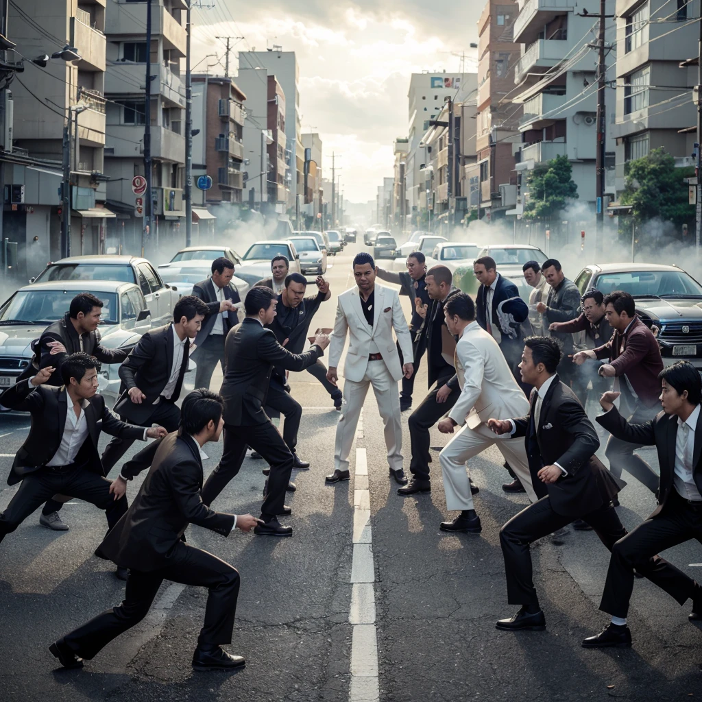 2 groups of yakuza fighting, realistic, cinematic, very detailed, very epic, very detailed, 4k