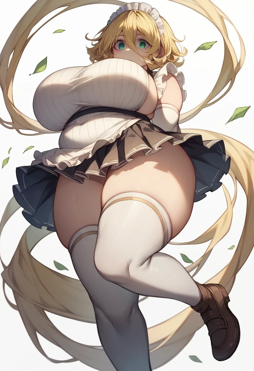 (One girl)、(bob cut)、((Blonde))、（Sato Air）、slan eyes、((boyish))、(Big super breasts)、[Chubby]、Maid clothes、No sleeve、mini skirt、White sleeveless、((hairs between eyes))、((thigh-high socks thighhighs))、(long gloves)、flipped hair、cute、green eye、say、arm behind back、White Background、
