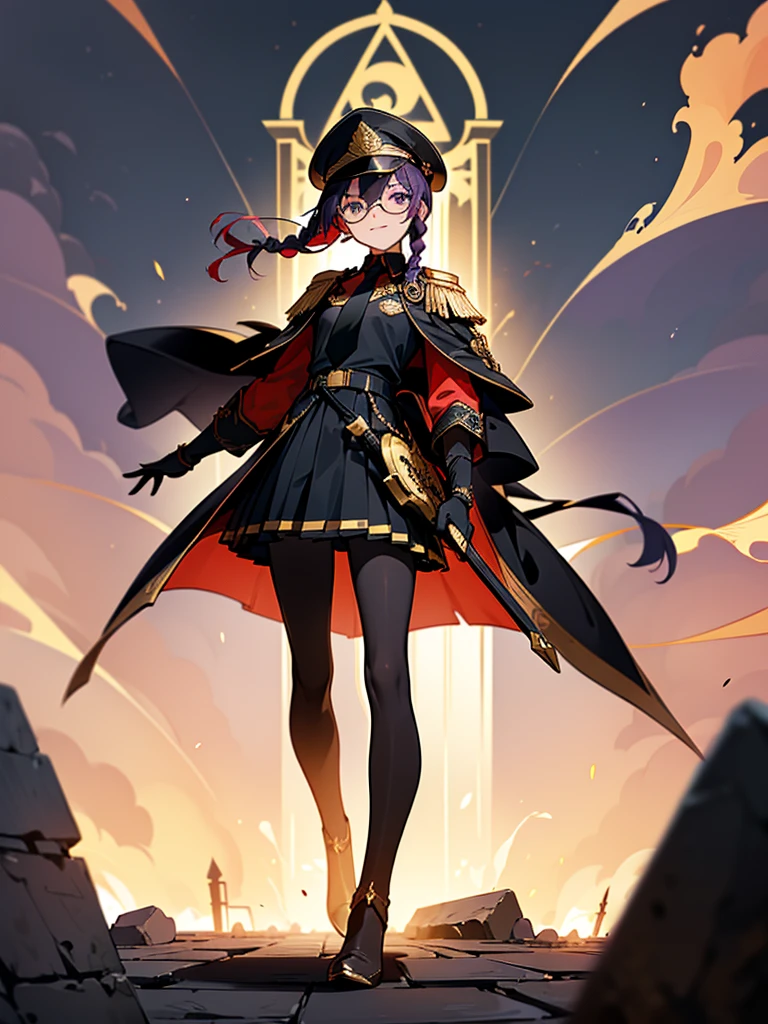 realisitic, City Deserted, Pile of rubble, Brick building, a one woman (18 years old, far away blackw hair, far away slits, Eyes red, glare eyes, 精致的面容, standing (In floor, feet shoulder-width apart), Lolita style military uniform (blackw base, Red Insert, golden decoration, volantes, wide sleeves, dainty and delicate detailing armors), blackw far away gloves (blackw, Red Insert, golden decoration, small hands, armors), blackw far away gloves, knee high boots (blackw, high-heels, red soles), ha (blackw, aba dourada, shield emblem, delicate details), arms in front, Front of belly, Holding military swords with both hands (blackw, golden decoration, delicate detail, Handle at the top, Ground-facing blade, in front of the body, far away), night sky (blackw, stele, Increased flames and smoke) Pale painting style, One Girl, super high quality, Super Detail, Super Detailed image, long hair, looking at viewer, skirt, shirt, hair ornament, violet eyes, gloves, round glasses, long sleeves, hat, closed mouth, jacket, violet hair, braid, open clothes, necktie, black gloves, black skirt, uniform, single braid, open jacket, black jacket, black headwear, 手链, peaked cap, black necktie, cropped jacket, military hat, pantyhose, Flat Chest, smile, Black Cape