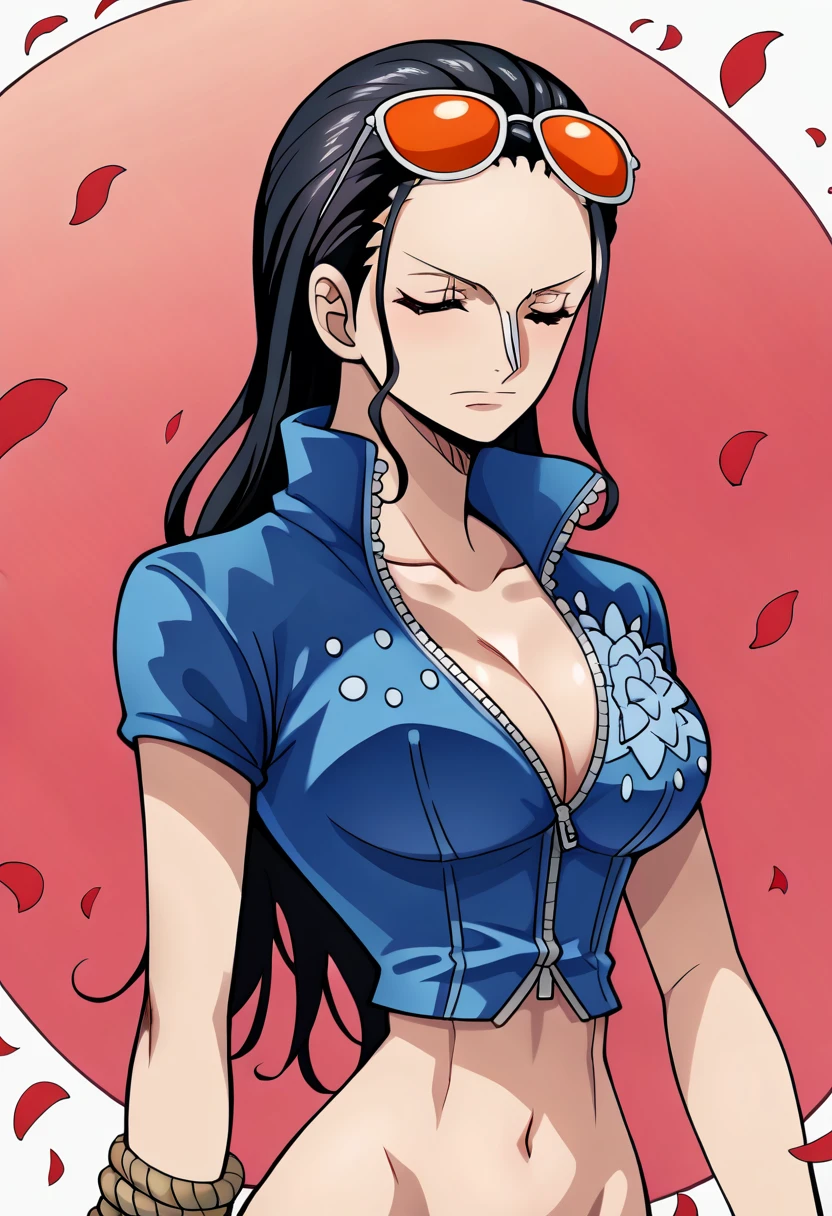score_9, score_8_superior, score_7_superior, score_9, sauce_anime, Break Nico Robin SDXL, One girl, alone, Long Hair, chest, View your viewers,Closed eyes, blue eyes, large chest, Black Hair, belly button, chestの谷間, Mouth closed, Tied up with rope,clavicle, Blue jacket, Short sleeve, Cowboy Shot, abdomen, Shiny, sign, Stomach, Crop top, petal, Wear glasses on your head, zipper, Cropped jacket, salon, zipper pull tab, Colored glasses, I slicked my hair back., Collared jacket, Partially defrosted, Nico Robin, superiorから,