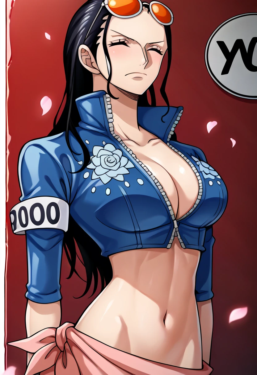 score_9, score_8_superior, score_7_superior, score_9, sauce_anime, Break Nico Robin SDXL, One girl, alone, Long Hair, chest, View your viewers,Closed eyes, blue eyes, large chest, Black Hair, belly button, chestの谷間, Mouth closed, Tied up with rope,clavicle, Blue jacket, Short sleeve, Cowboy Shot, abdomen, Shiny, sign, Stomach, Crop top, petal, Wear glasses on your head, zipper, Cropped jacket,  salon, zipper pull tab, Colored glasses, I slicked my hair back., Collared jacket, Partially defrosted, Nico Robin, superiorから,