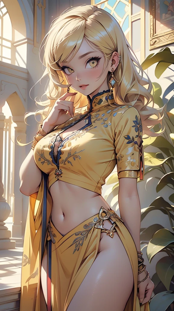 ((((indian girl)))),
girl,((yellow_body:1.3,yellow_face:1.3, completely yellow_skin:1.3)),(large breasts:1.4),saggy breasts,((((yellow hair)))),(((yellow_eyes:1.3))),intricate eyes,beautiful detailed eyes,symmetrical eyes,(((lustrous skin:1.5,bright skin: 1.5,shiny skin,very shiny skin,shiny body))),(spider lower abdomen,narrow waist,wide hip,bimbo body,inflated legs,thick thighs,delicate detailed fingers),((hand consists of a short thumb and four fingers,hand with just five fingers,(detailed face))),
(cute,slutty,sensual,seductive look,seductive,((erotic)),opulent,sumptuous,longingly,(nsfw)),
(arabian clothes, harem outfit, arabian dancing girl, belly dancer outfit, sex slave, jewelry, sheer loincloth, pelvic curtain, midriff, bracelets,),(arabian jewelry,intricate necklace),(((intricate outfit,intricate clothes))),(((intricate outfit,intricate clothes,embroidered outfit,ornate outfit))),
(dynamic pose:1.0),embarrassed,(centered,scale to fit dimensions,Rule of thirds),
indoors,(huge columns of an Arab palace,arab palace,arab palace background),scenery,extremely scenery,arab style,
(Glossy arab ornaments),highres,sharp focus,(ultra detailed,extremely detailed),(photorealistic artwork:1.37),(extremely detailed CG unity 8k wallpaper),(((vibrant colors,vibrant theme))),(intricate),(masterpiece),(best quality),artistic photography,(photography taken by sldr),(intricate background),perfect rendered face,perfect face details,realistic face,photo realistic,((intricate detail)),(((realism))),