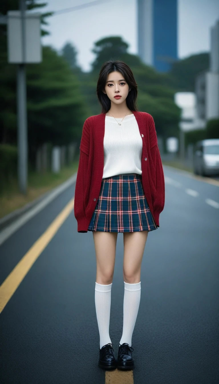 8K, Ultra-high resolution, Highest quality, masterpiece, 三分割法によるphotograph,Surreal, photograph, 1 Girl, (:1.3), pretty girl, Cute face, Beautiful eyes in every detail, 細かくdetailedに,masterpiece,One Girl:1.2, Japan Female Announcer,whole body,from below,Fearful expression,Black Hair,Messy hair,Cyber city of the near future,Wearing a cardigan sweater on your back、A girl alone in the middle of the road, Tartan check pencil skirt, White knee-high socks and black shoes,Beautiful leg line beauty,Realistic Skin, Perfect and beautiful face ,完璧でCute face, Skin with attention to detail, Perfect limbs、Narrow waist、Thin legs),Looking at the audience、beauty,Long neck、(((Ideal body type))),A cup small breasts :2,Portraiture:2,Perfect Anatomy,鮮明なdetailed,detailed,Surreal,Light and shadow,darkness