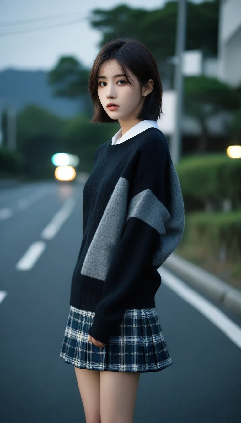 8K, Ultra-high resolution, Highest quality, masterpiece, 三分割法によるphotograph,Surreal, photograph, 1 Girl, (:1.3), pretty girl, Cute face, Beautiful eyes in every detail, 細かくdetailedに,masterpiece,One Girl:1.2, Japan Female Announcer,whole body,from below,Fearful expression,Black Hair,Messy hair,Cyber city of the near future,Wearing a cardigan sweater on your back、A girl alone in the middle of the road, Tartan check pencil skirt, White knee-high socks and black shoes,Beautiful leg line beauty,Realistic Skin, Perfect and beautiful face ,完璧でCute face, Skin with attention to detail, Perfect limbs、Narrow waist、Thin legs),Looking at the audience、beauty,Long neck、(((Ideal body type))),A cup small breasts :2,Portraiture:2,Perfect Anatomy,鮮明なdetailed,detailed,Surreal,Light and shadow,darkness