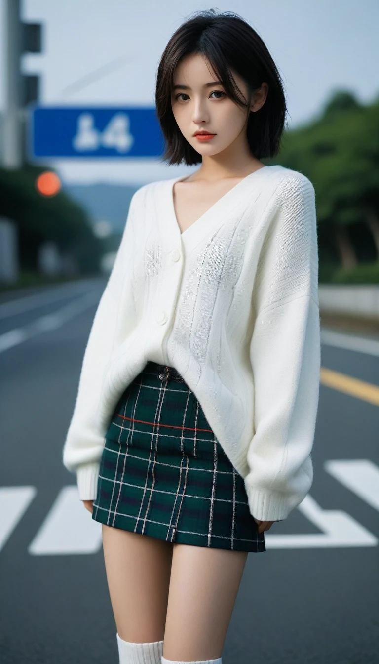 8K, Ultra-high resolution, Highest quality, masterpiece, 三分割法によるphotograph,Surreal, photograph, 1 Girl, (:1.3), pretty girl, Cute face, Beautiful eyes in every detail, 細かくdetailedに,masterpiece,One Girl:1.2, Japan Female Announcer,whole body,from below,Fearful expression,Black Hair,Messy hair,Cyber city of the near future,Wearing a cardigan sweater on your back、A girl alone in the middle of the road, Tartan check pencil skirt, White knee-high socks and black shoes,Beautiful leg line beauty,Realistic Skin, Perfect and beautiful face ,完璧でCute face, Skin with attention to detail, Perfect limbs、Narrow waist、Thin legs),Looking at the audience、beauty,Long neck、(((Ideal body type))),A cup small breasts :2,Portraiture:2,Perfect Anatomy,鮮明なdetailed,detailed,Surreal,Light and shadow,darkness