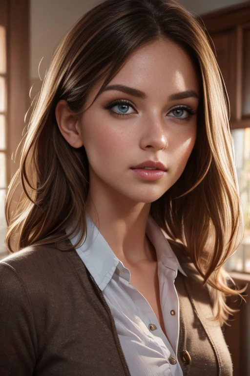 A white brunette girl in a , beautiful detailed eyes, beautiful detailed lips, extremely detailed face and skin, long eyelashes, body, school girl uniform, virgin, ethereal, glowing skin, portrait, highly detailed, intricate, photorealistic, 8k, masterpiece,award winning, full body