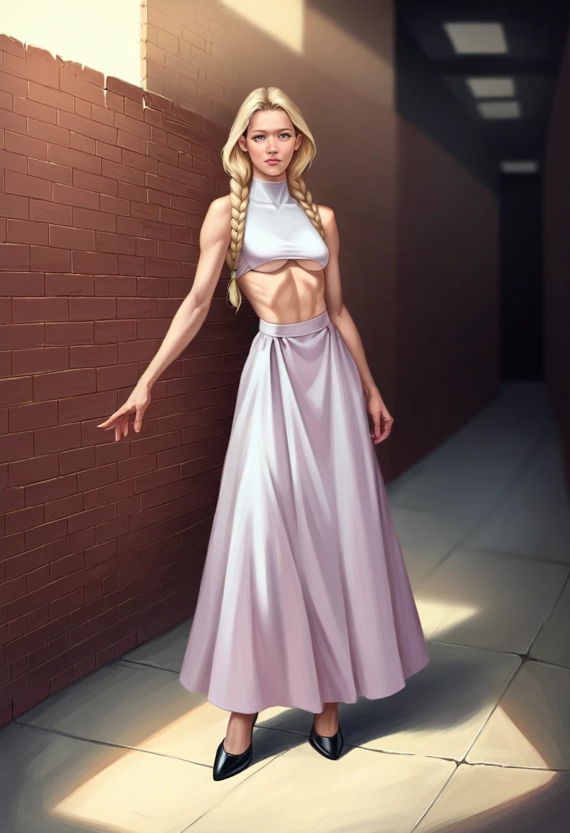 masterpiece, best quality, (photorealistic:1.4), full body, photo of a beautiful woman, skinny, narrow waist, medium breasts, big eyes, blonde hair, box braids hairstyle, research station, underboob cutout dress, underboob, 