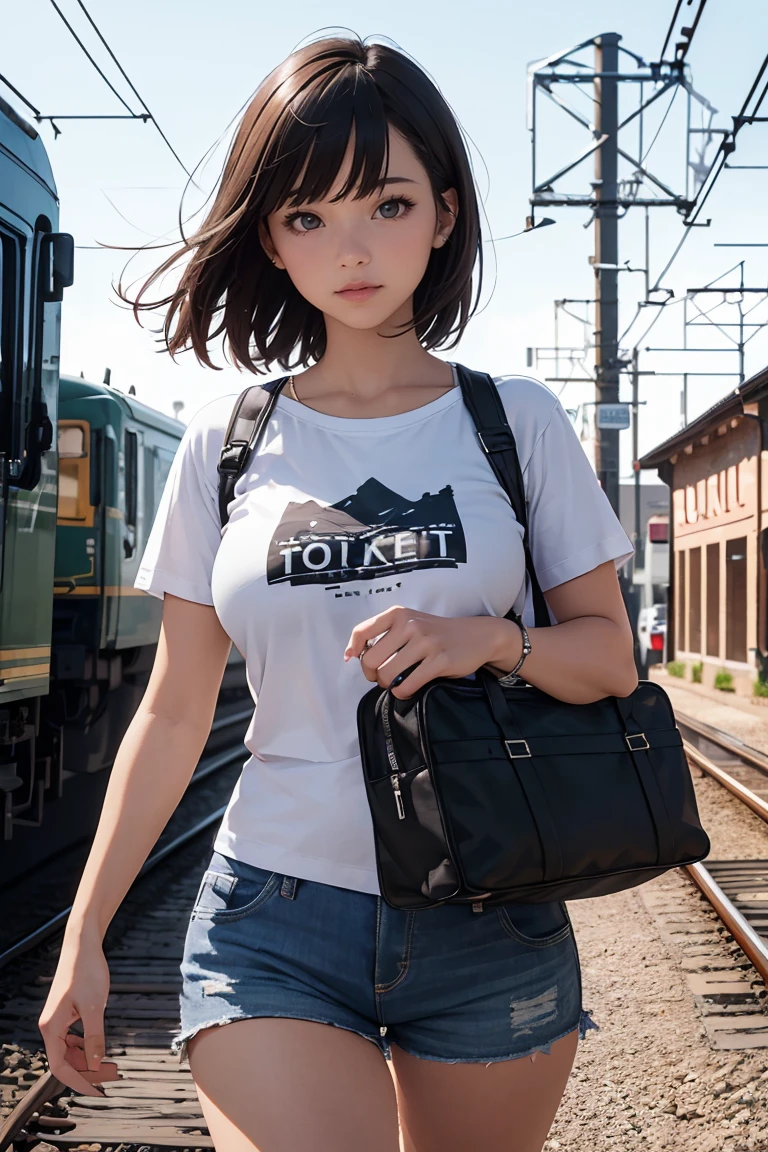 (best quality, ultra detailed, absolutely resolution:1.3), (realistic), looking at viewer, female Traveler, cowboy shot, walking, T-shirt, short shorts, Huge railroad station, 