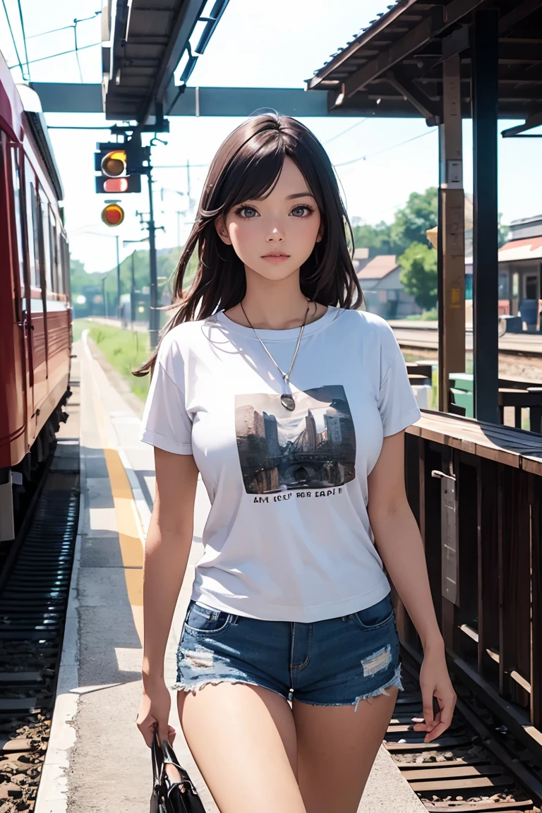 (best quality, ultra detailed, absolutely resolution:1.3), (realistic), looking at viewer, female Traveler, cowboy shot, walking, T-shirt, short shorts, Huge railroad station, 